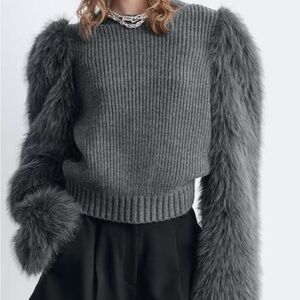 And Other Stories Gray Sweater with Faux Fur Sleeves